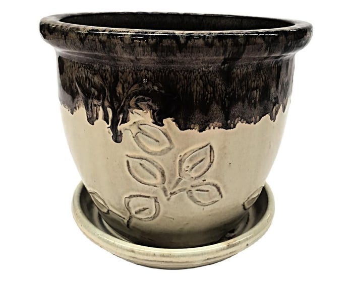 Embossed Planter with Attached Saucer， Black/Cream， Small - R358BKCS