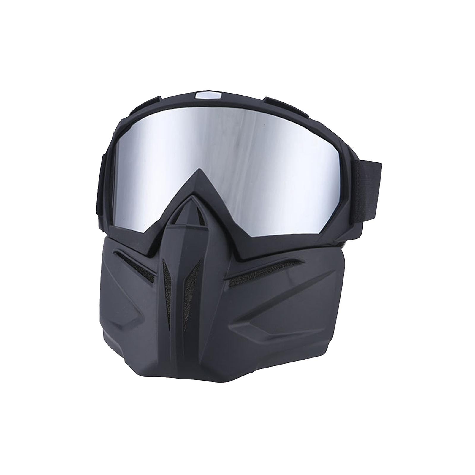 Motorcycle Helmet Riding Goggles Glasses With Face Mask Bicycle Face Shield Silver Lens