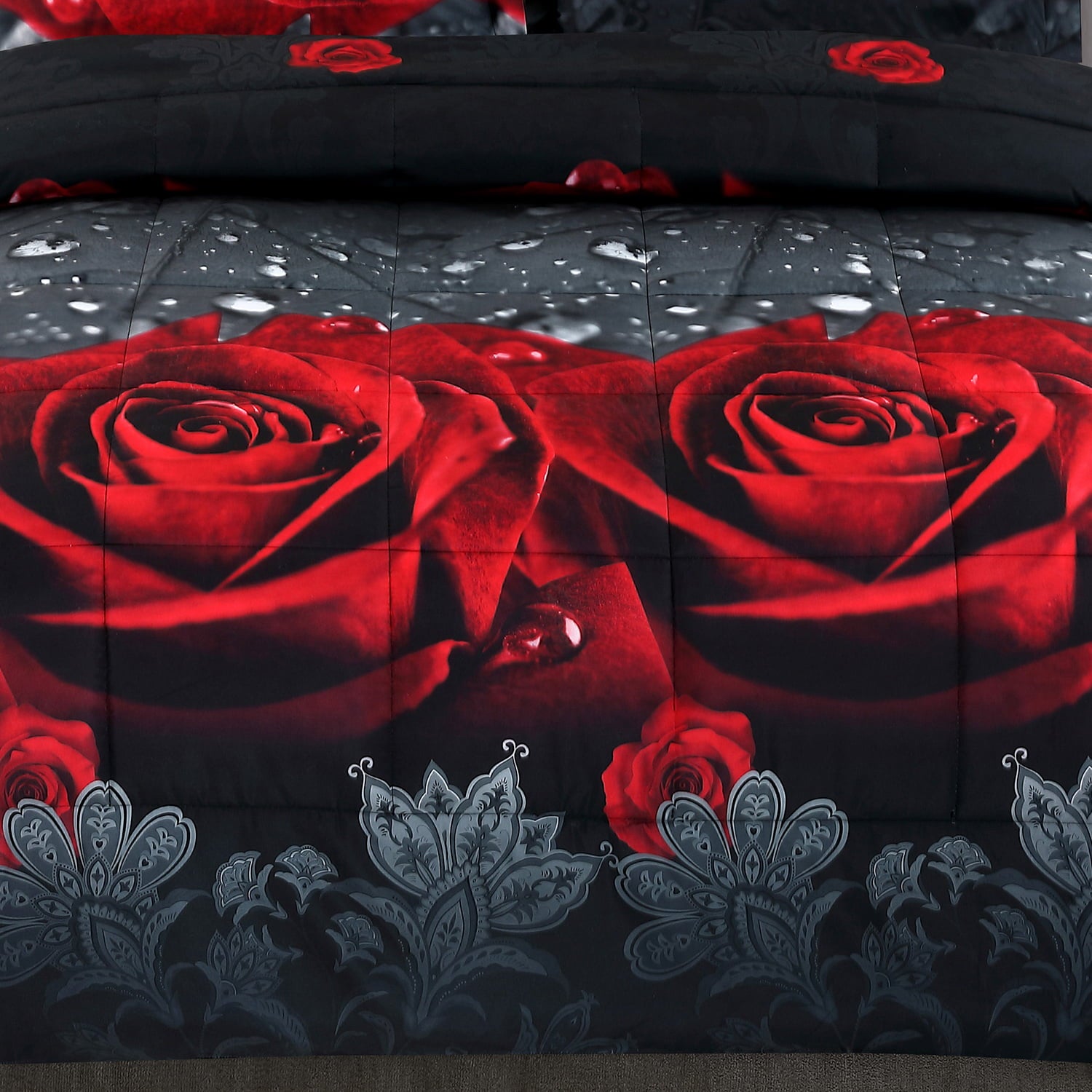 3 Piece 3D Rose Love Romantic Moment Printed Comforter Set Queen King Size (Y28) - Box Stitched， Soft， Breathable， Fade Resistant -Includes 1 Comforter， 2 Shams