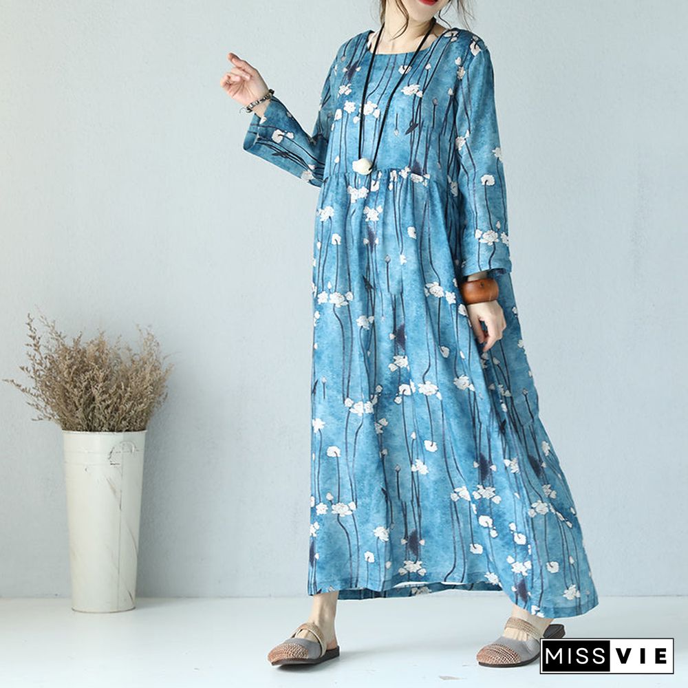 fine print linen dress Loose fitting O neck linen maxi dress boutique long sleeve maxi dresses