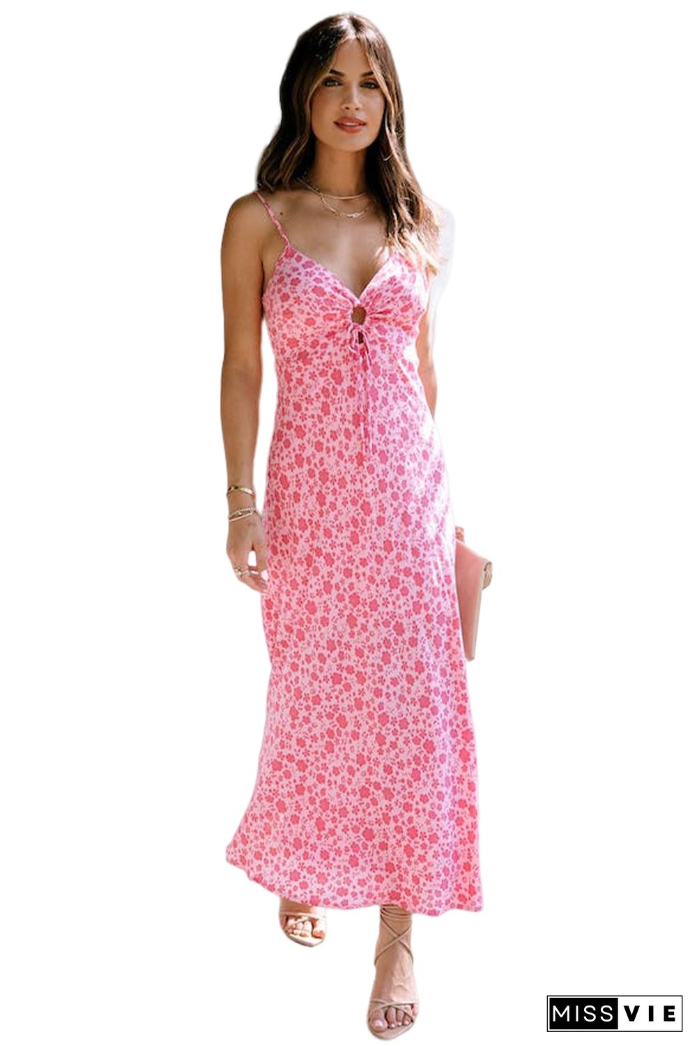 Pink Flower Print Front Cut out Maxi Dress