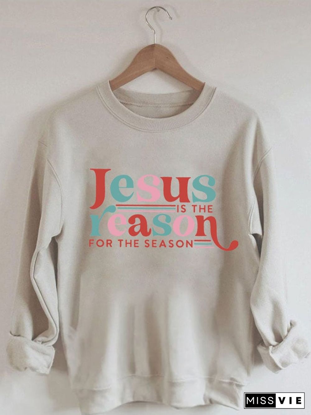 Women's Retro Jesus Is The Reason For The Season Print Long Sleeve Sweatshirt