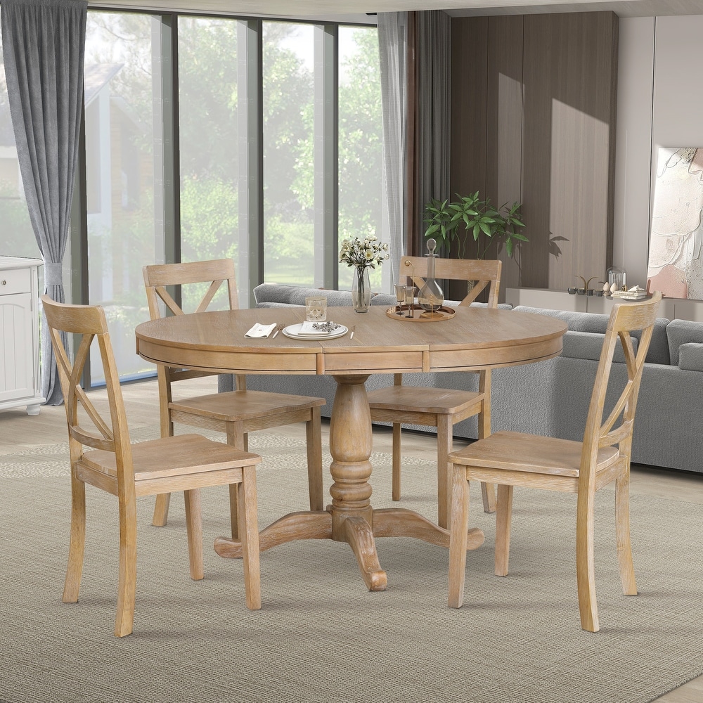 5 Piece Dining Round Extendable Table Set with 4 Chairs