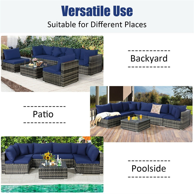 7 Pcs Rattan Patio Sectional Couch Set Outdoor Wicker Furniture Set with Cushions & Coffee Table