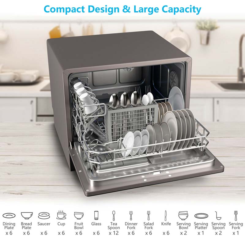 Portable Countertop Dishwasher for Dorms RVs, 6 Place Setting Built-in Dishwasher with LED Touch Screen