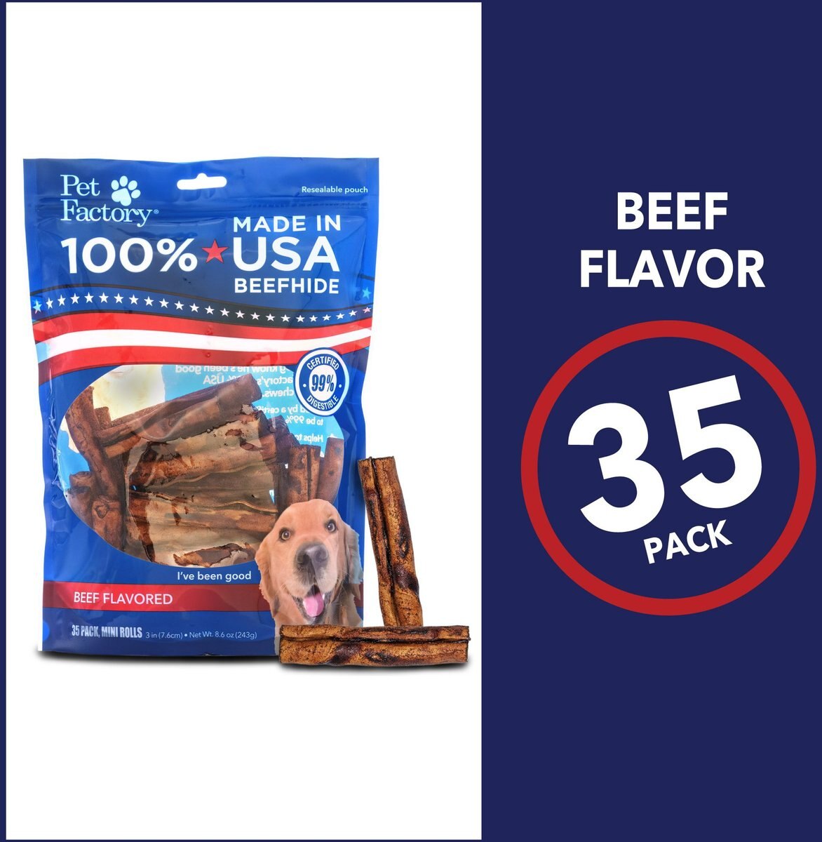 Pet Factory Beefhide 3 to 3.5-inch Mini Rolls Beef Flavored Dog Hard Chews， 35 count