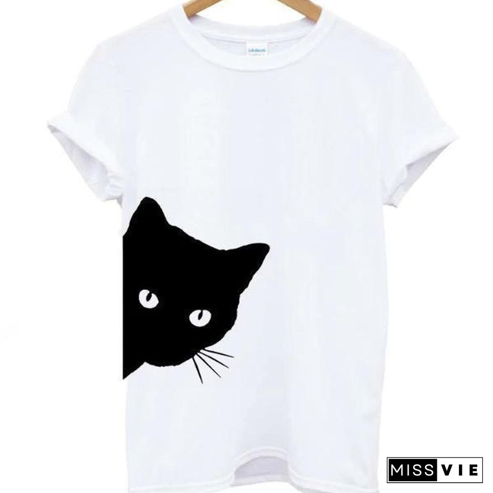 Cat Looking Print Women T-Shirt Cotton Casual Top Tee