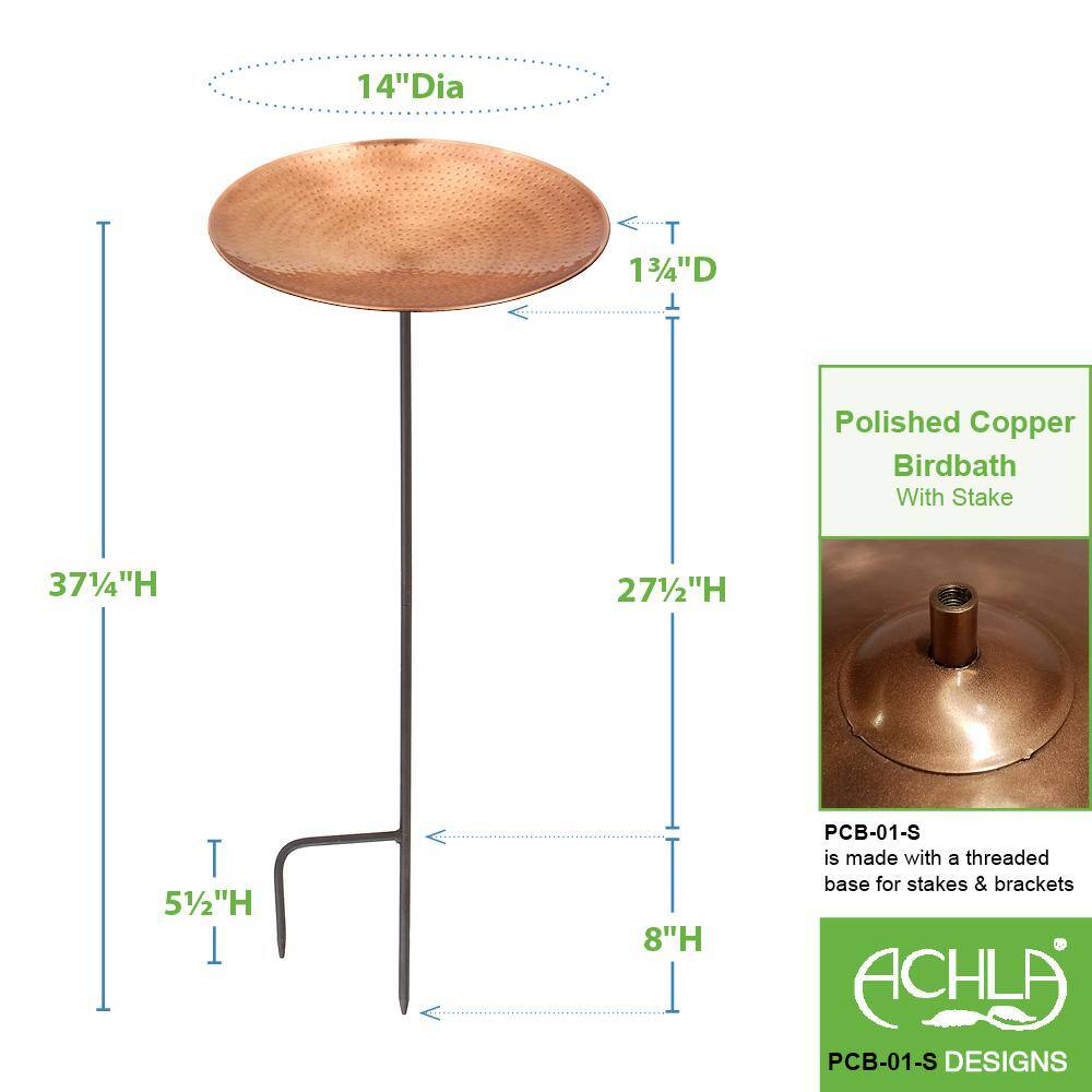 ACHLA DESIGNS 16 in. Dia Polished Copper Plated Stainless Steel Birdbath Bowl with Stake PCB-01-S