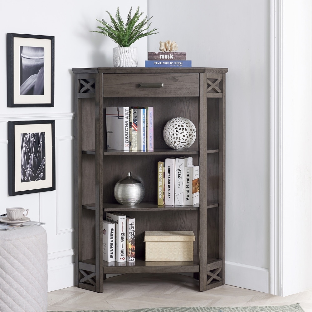 Leick Home Mission Mantel Height Corner Bookcase with Drawer Storage