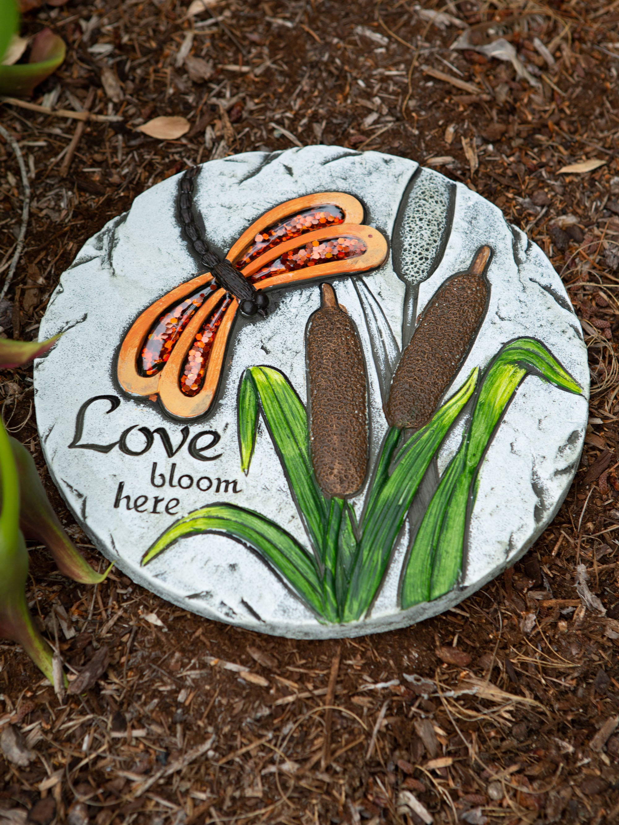 10.75" White and Green "Love Bloom Here" Outdoor Garden Stepping Stone