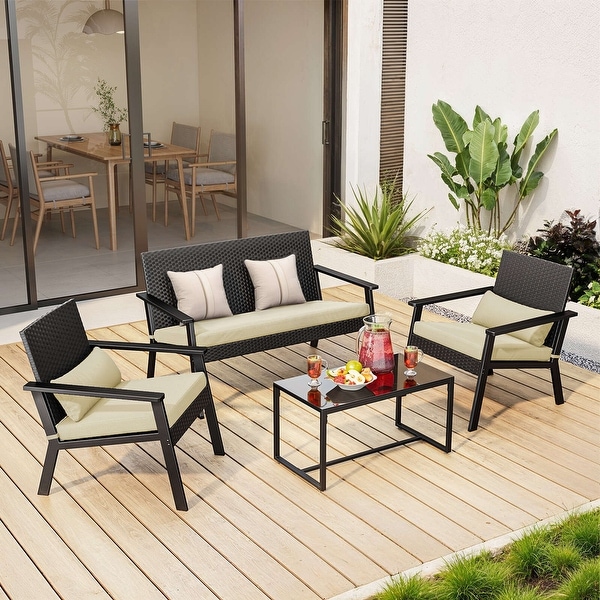 4 Pieces Patio Furniture Set with Deep Seat Cushions，Wicker Parlor Set with Table