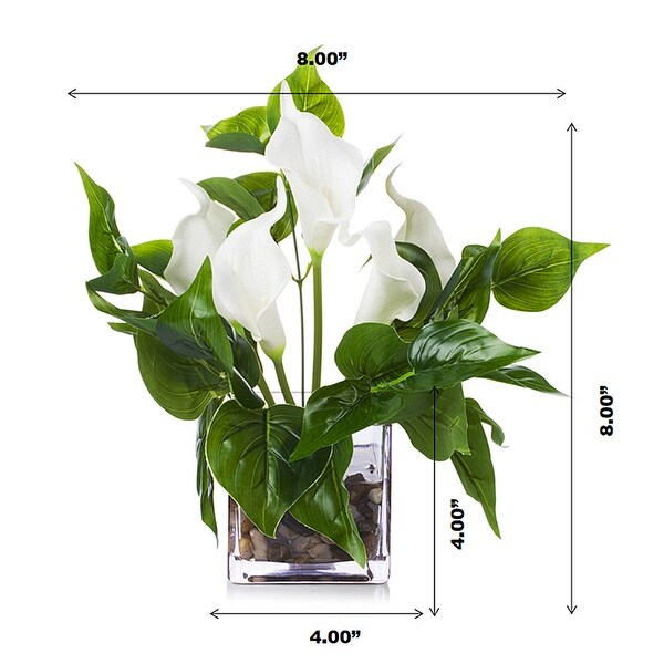 Enova Home Artificial Real Touch Cream Lily Fake Silk Flowers Arrangement with Green Leaf in Cube Glass Vase for Home Decoration