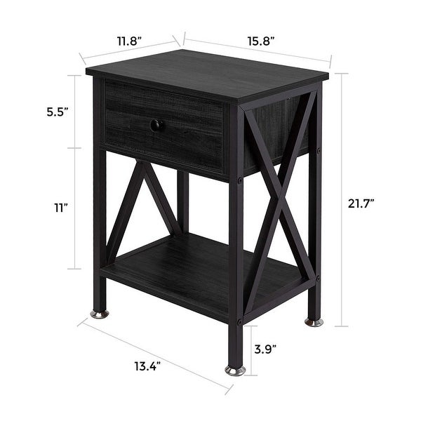 End Table/Side Table with Drawer and Open Storage Shelves and X Side Structure， Nightstand，Table for Bedroom Living Room