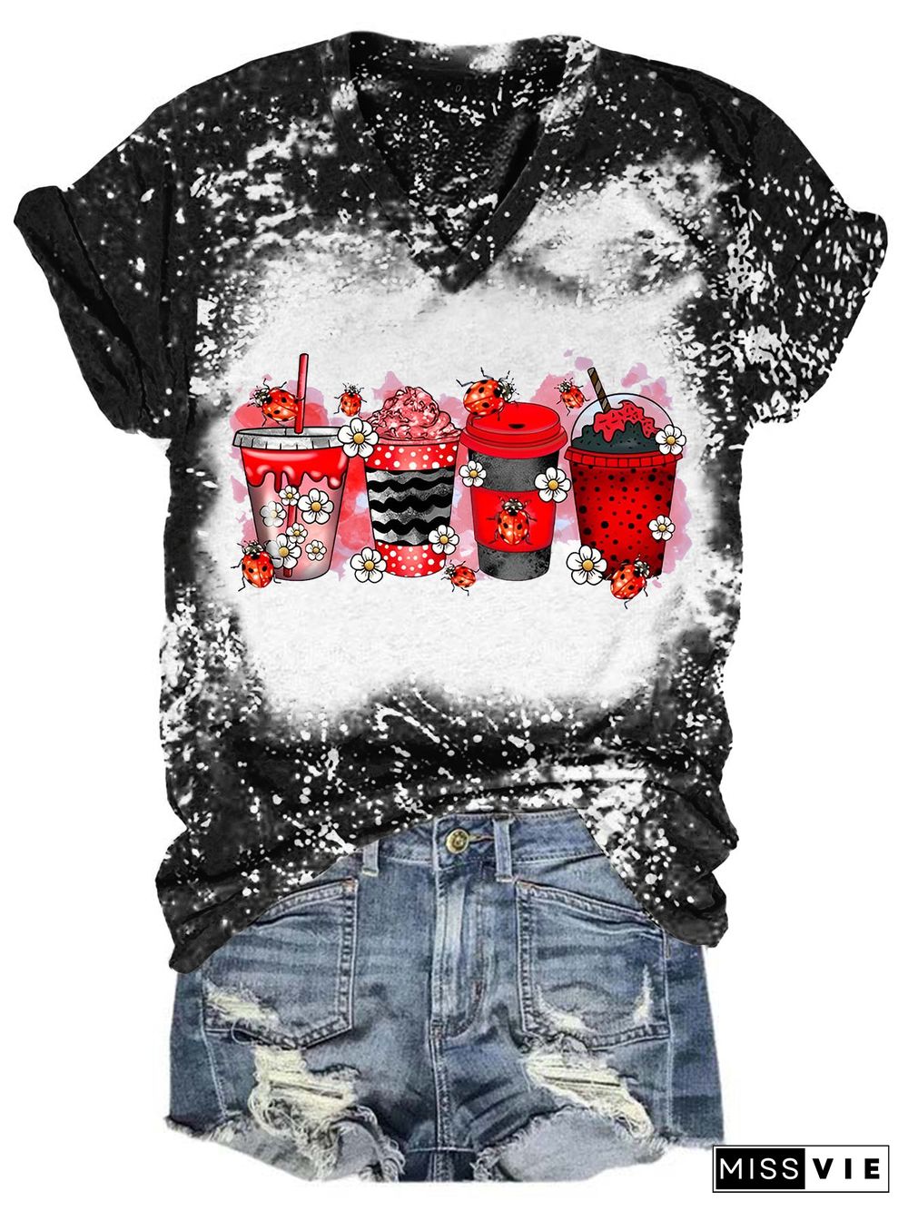 LadyBug Coffee Drink Bleaching V Neck T-shirt