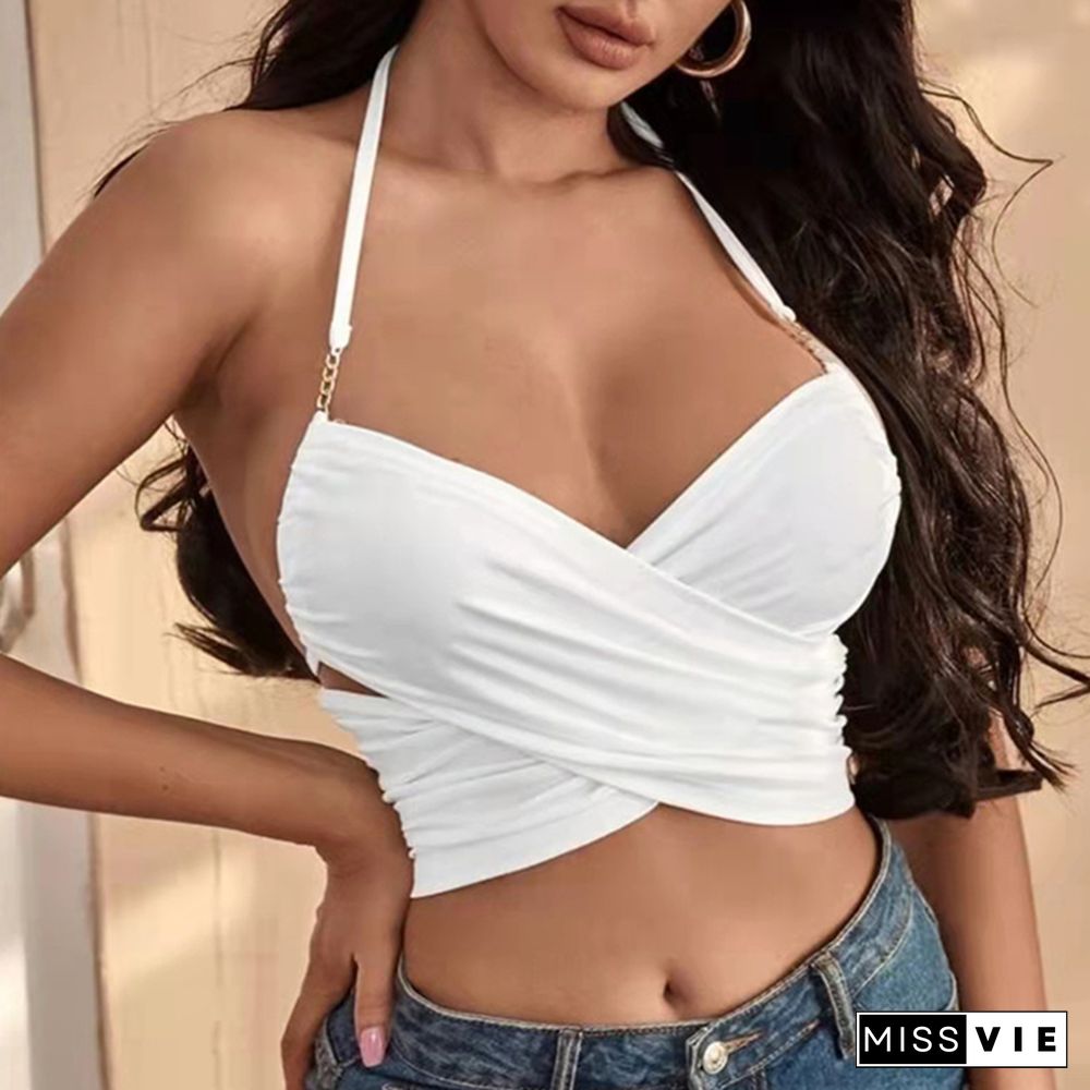 Women Halter Crop Tops Sexy Sleeveless Vest Tee Solid Color Tank Tops Vintage Clubwear Party Shirts Female Clothes