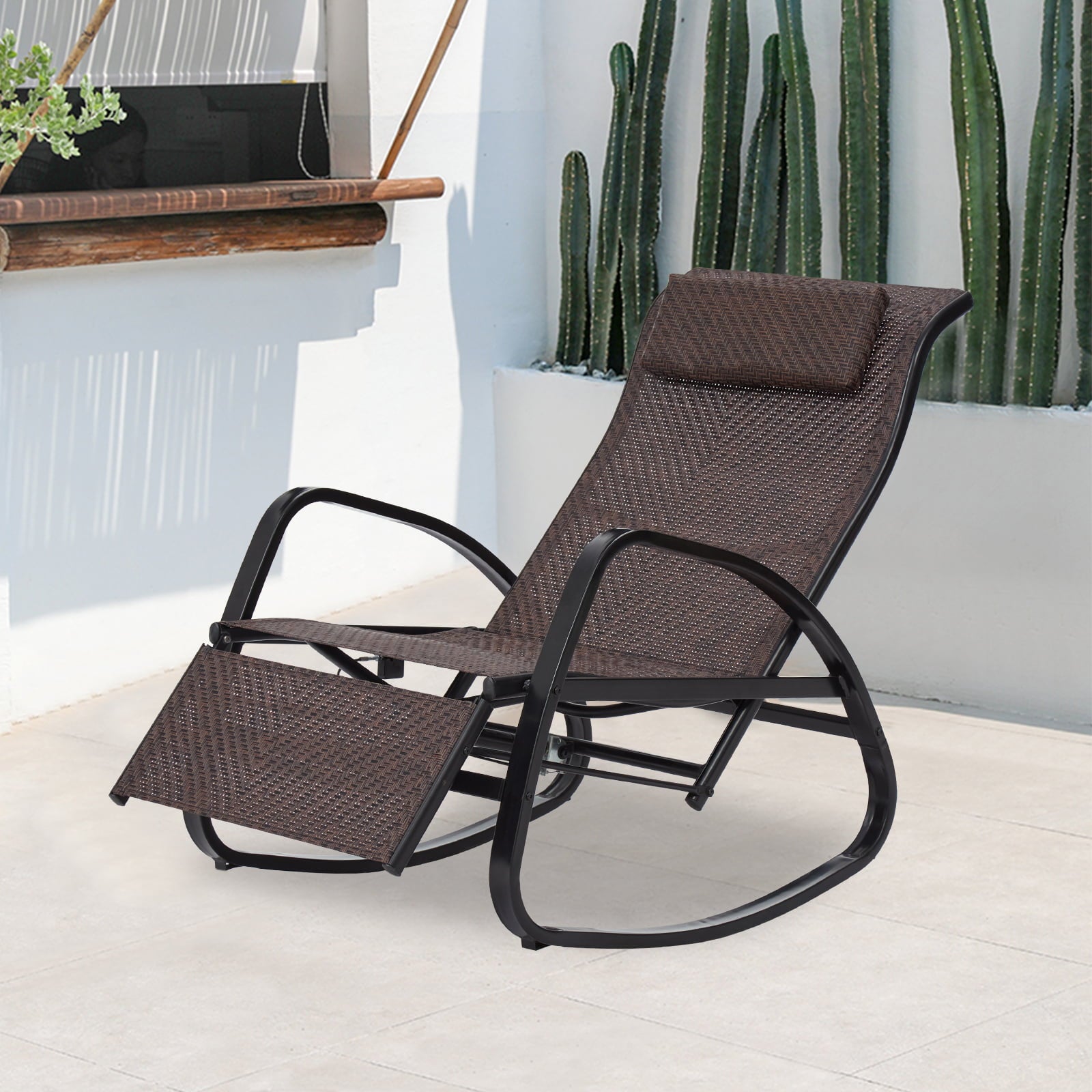 Kinbor Rocking Chairs Outdoor Recliner - Auto Adjustable Chairs with Removable Headrest & Side Pocket, Brown