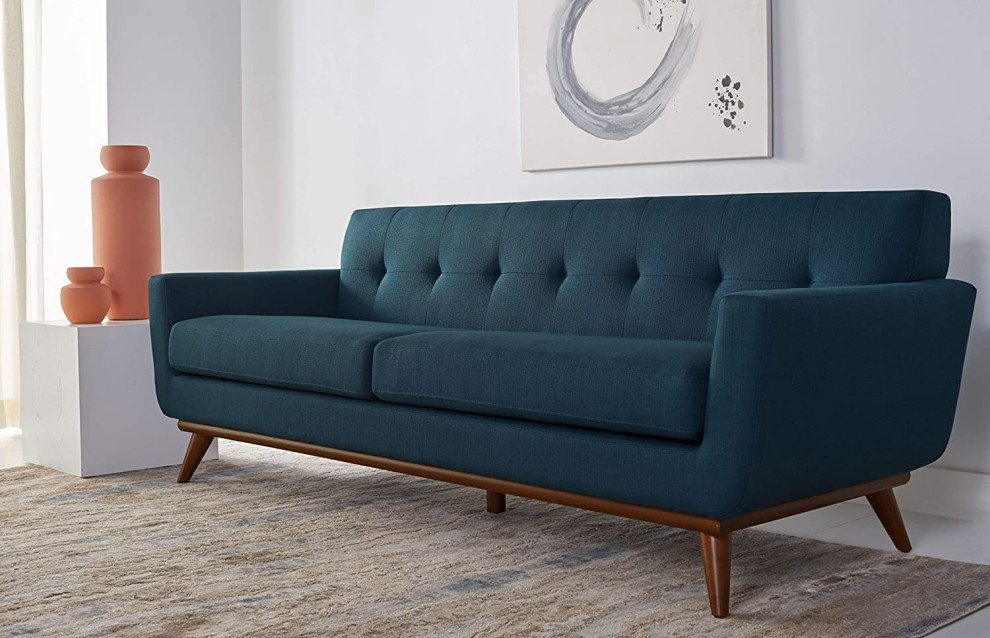 Mid Century Modern Sofa  Comfortable Cushioned Seat With Track Arms  Dark Teal   Midcentury   Sofas   by Decor Love  Houzz