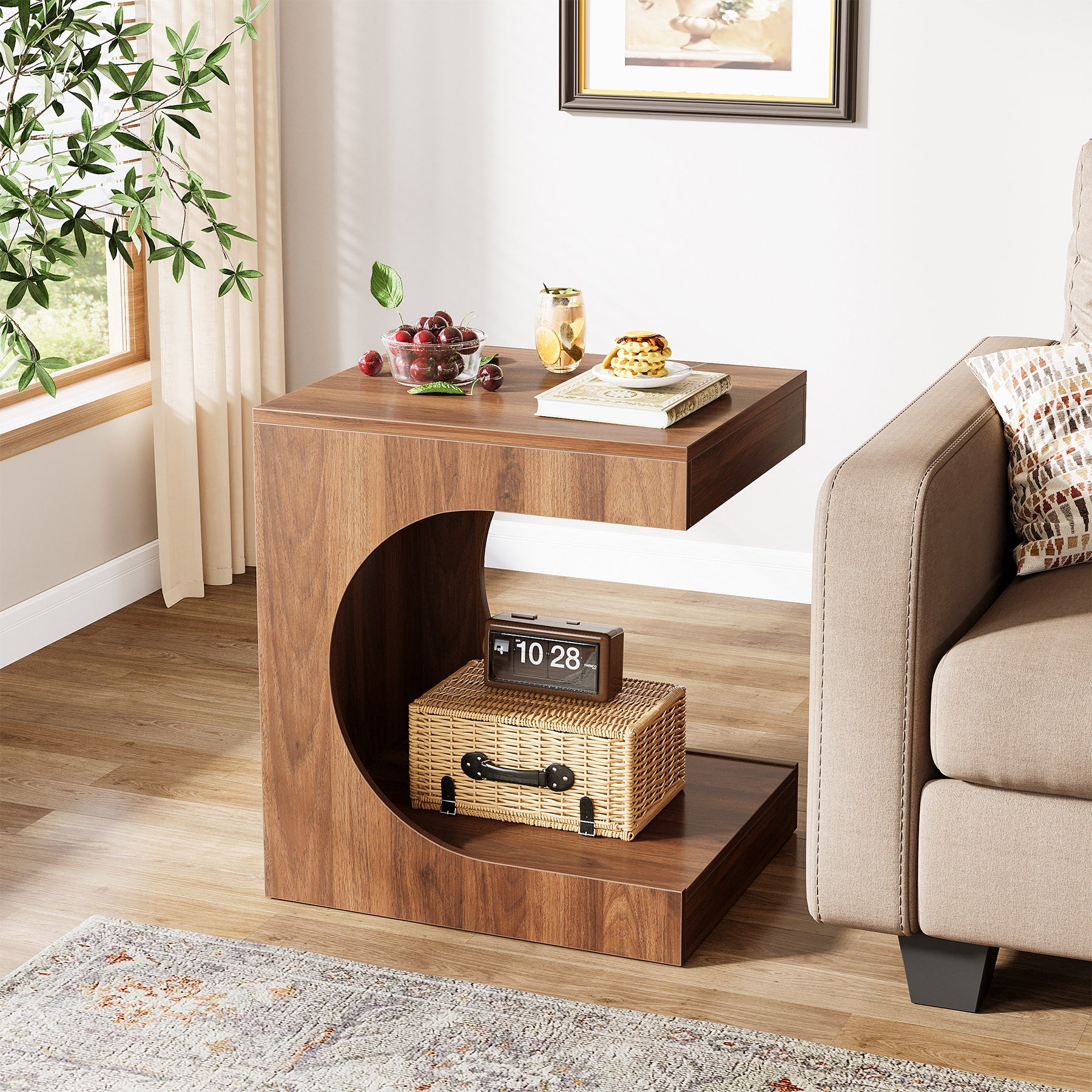 C-Shaped End Table, 2-Tier Wood Side Table Sofa Table