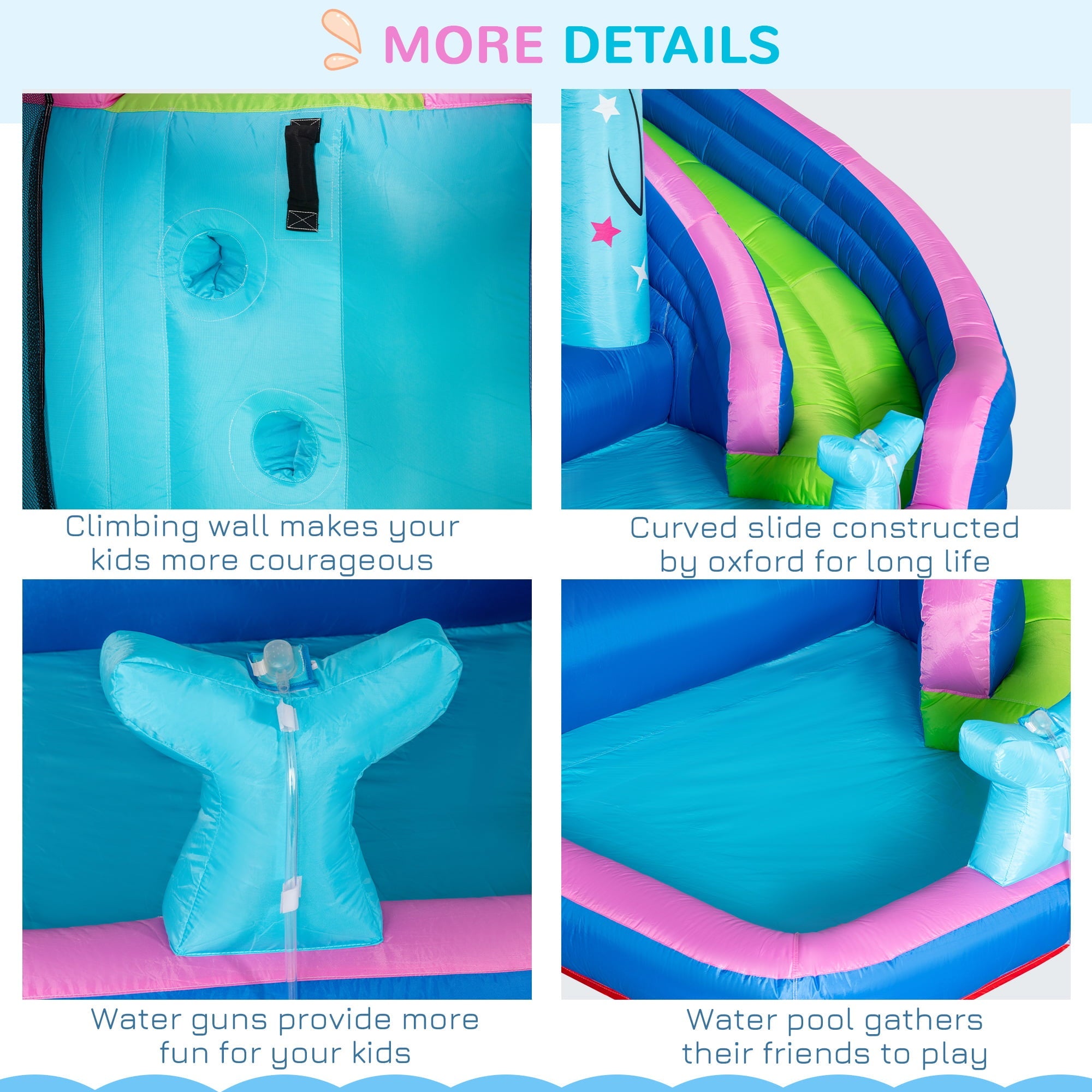 Outsunny 5-in-1 Water Slide Kids Inflatable Bounce House Narwhals Theme Water Park Includes Slide Trampoline Pool Cannon Climbing Wall with Carry Bag, Repair Patches without Air Blower