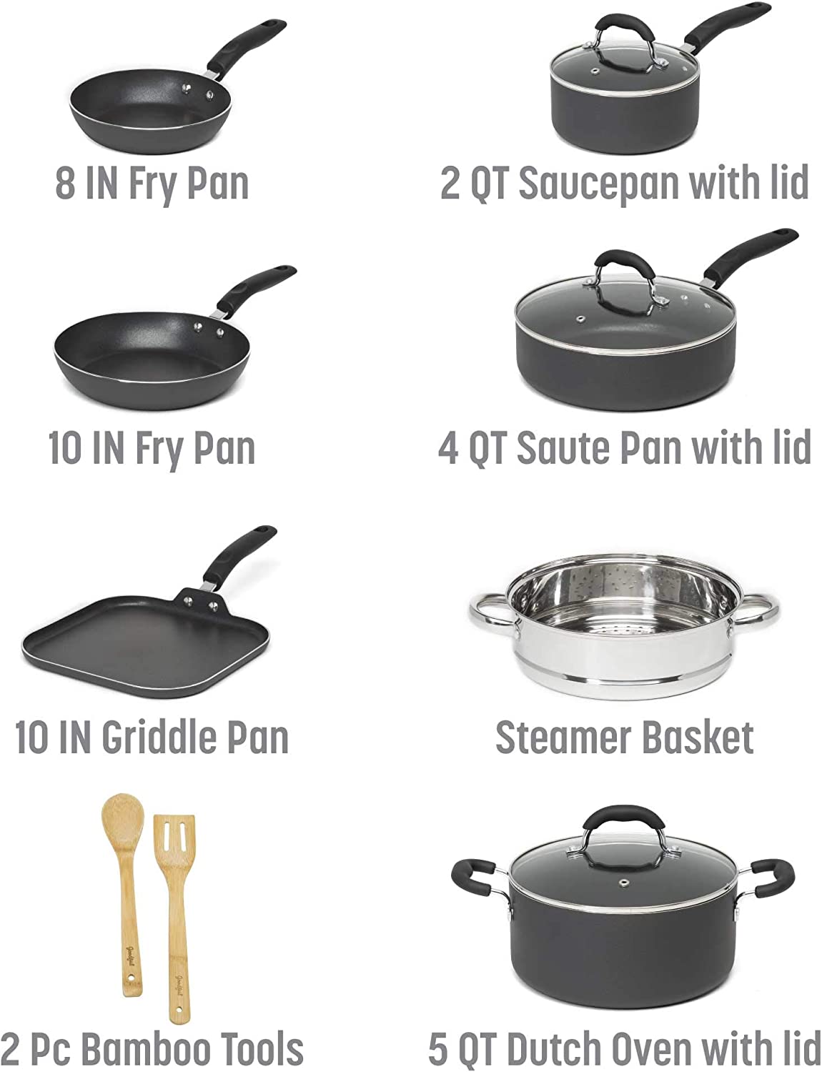 Goodful Cookware Set with Premium Non-Stick Coating， Dishwasher Safe Pots and Pans， Tempered Glass Steam Vented Lids， Stainless Steel Steamer， and Bamboo Cooking Utensils Set， 12-Piece， Charcoal Gray