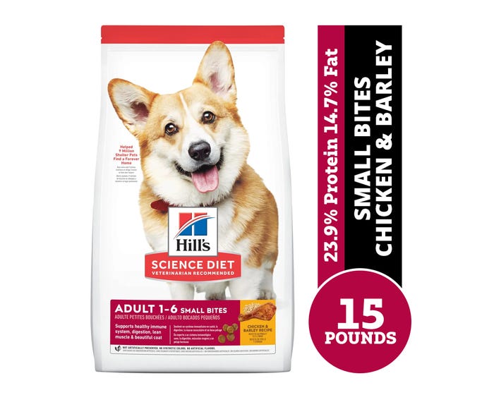 Hills Science Diet Adult Small Bites Chicken  Barley Recipe Dry Dog Food， 15 lb. Bag