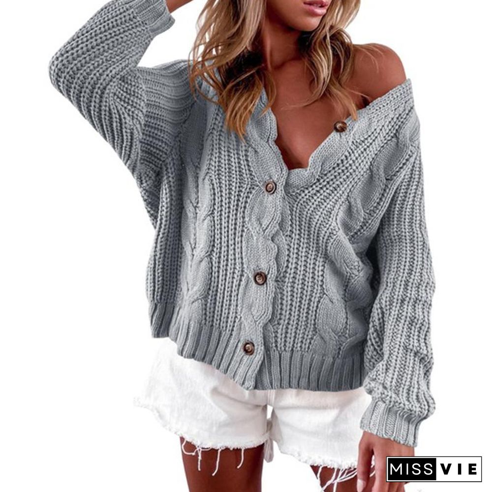 Autumn Winter Sweater V-Neck Long Sleeve Cardigan Casual Solid Color Sweater