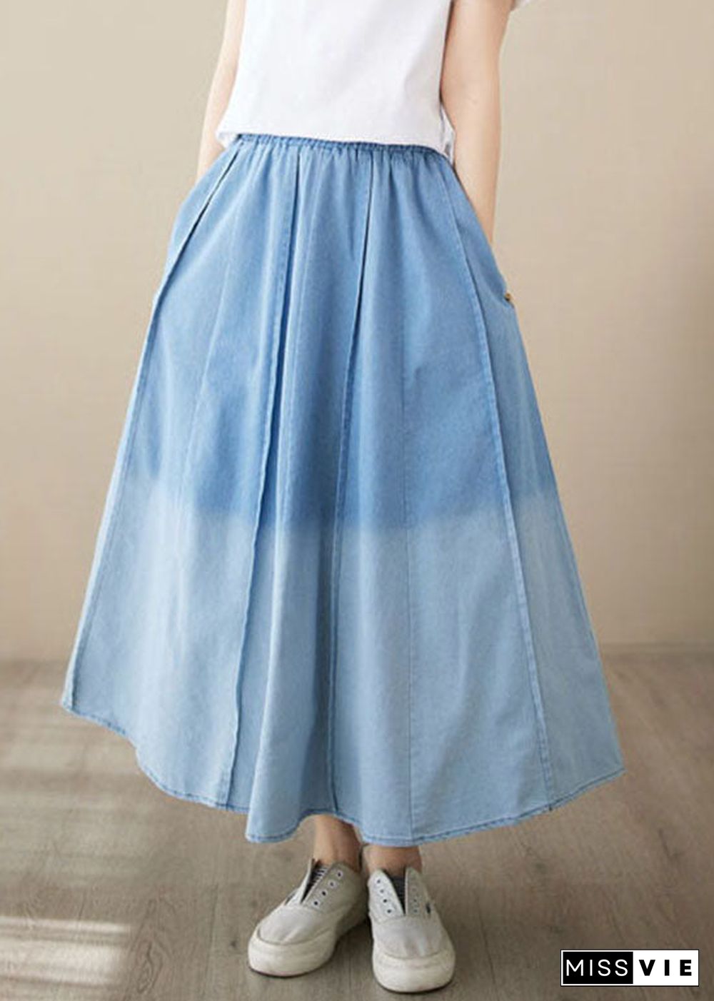 Light Blue Pockets Patchwork Denim Skirts Wrinkled Summer