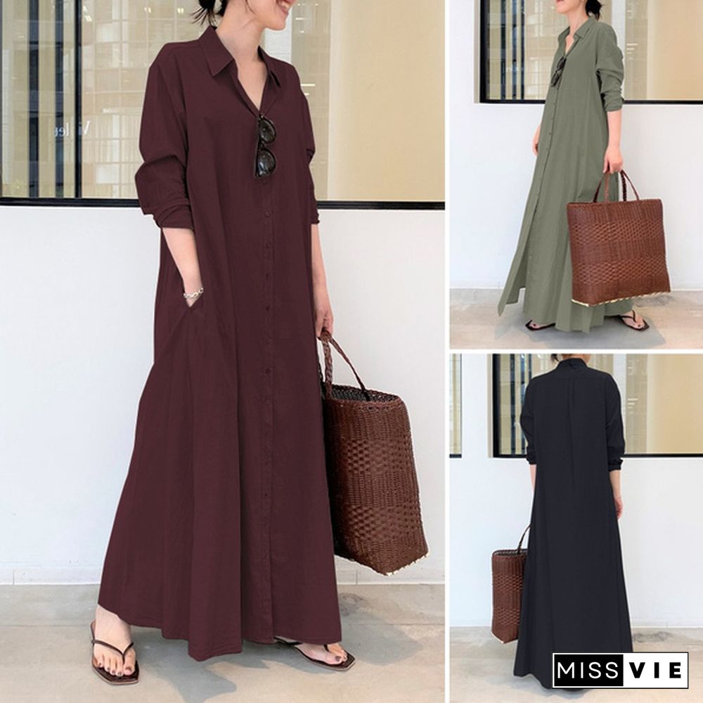 Women Long Sleeve Collared Solid Casual Loose Kaftan Baggy Shirt Dress