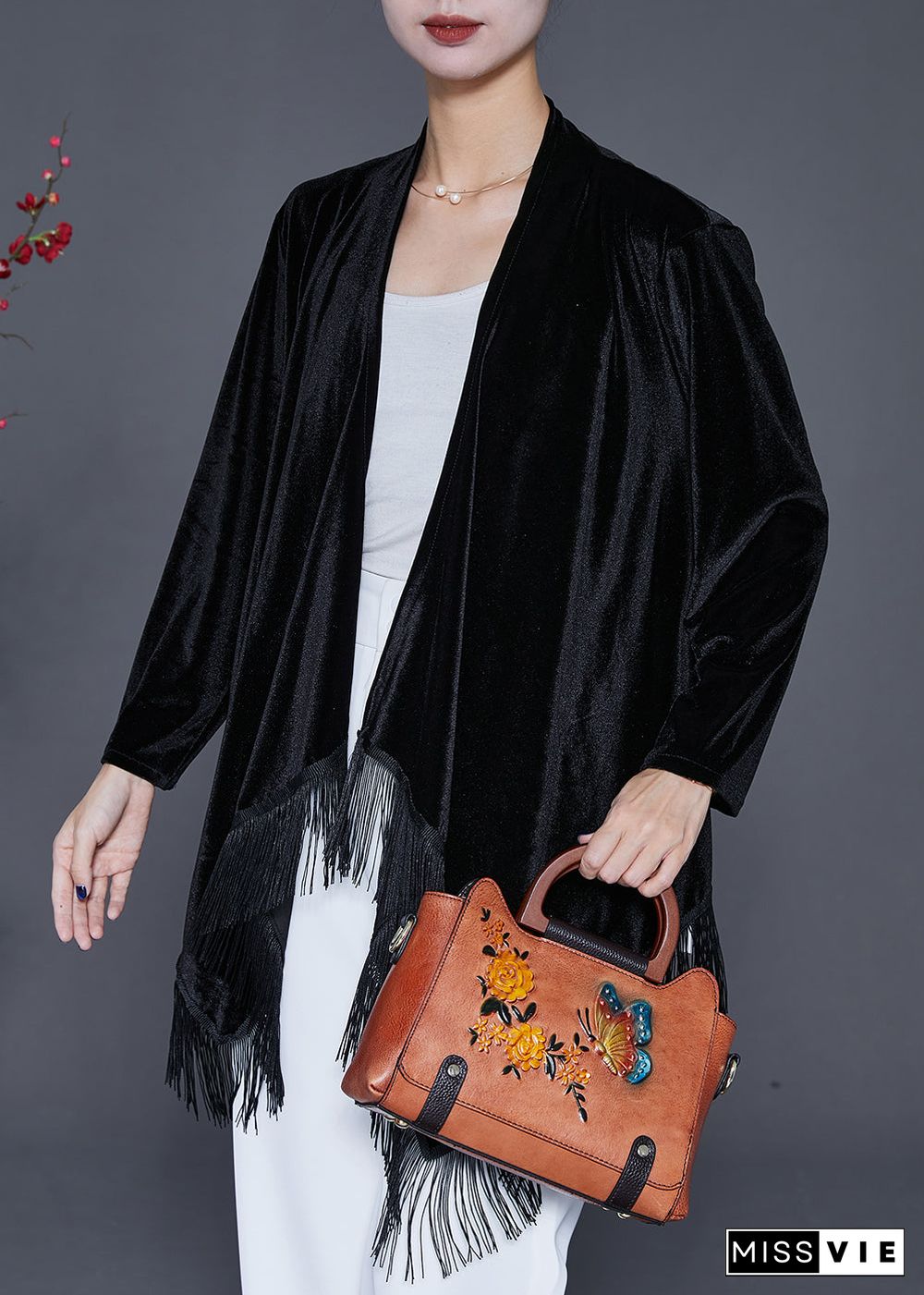 Black Oversized Silk Velour Cardigan Asymmetrical Tasseled Fall