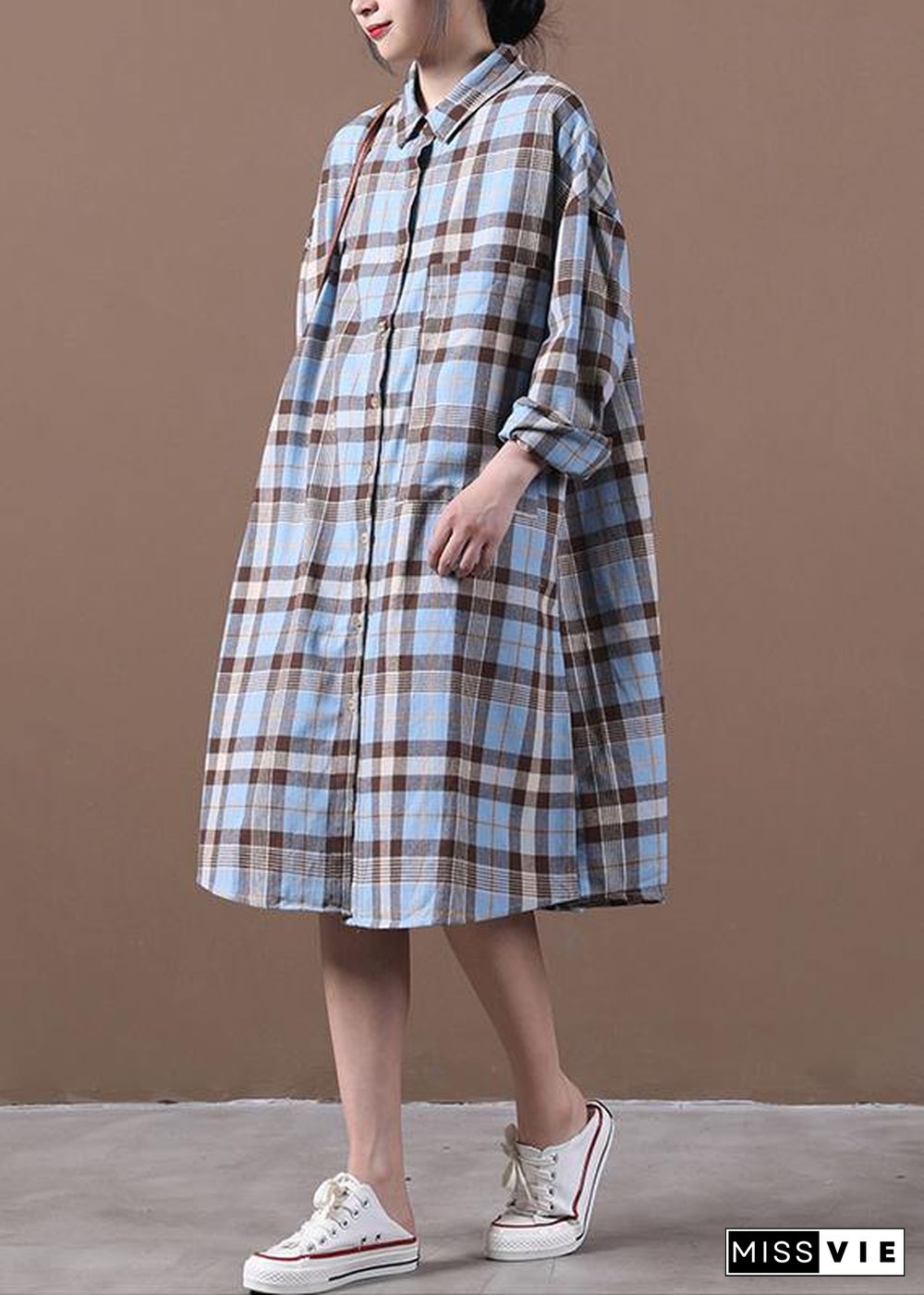 Modern lapel Cinched spring Long Shirts Work Outfits blue plaid Dresses