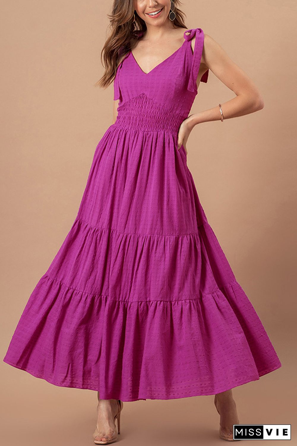 Solid Color Slim Waist Jacquard Maxi Dress Wholesale