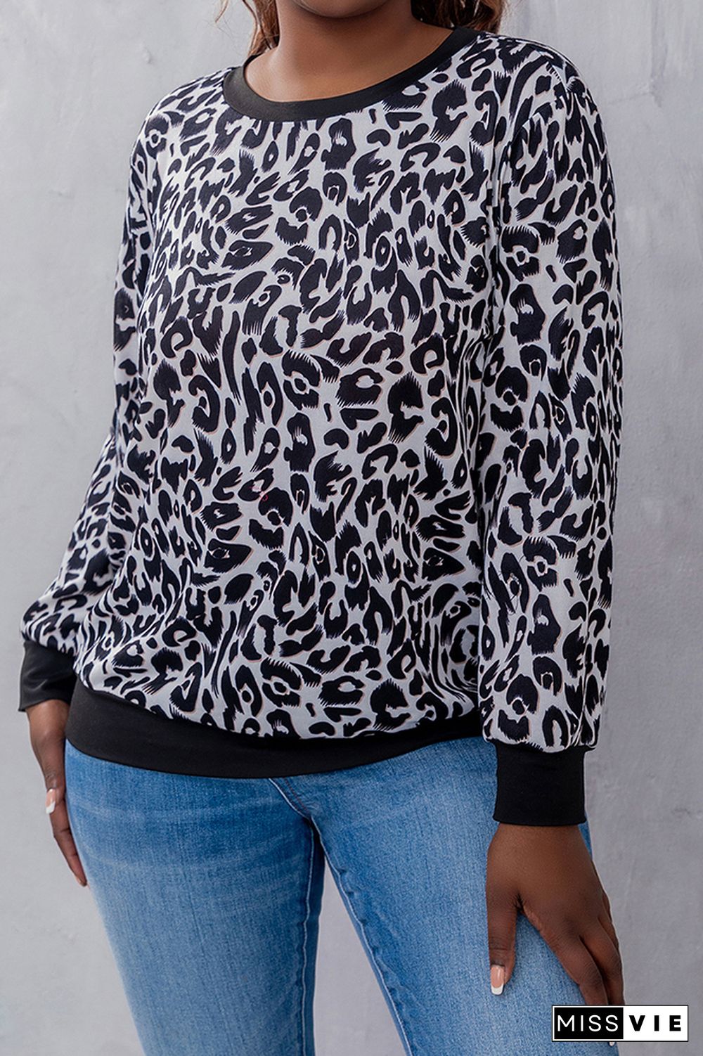 Plus Size Leopard Patchwork Long Sleeve Top