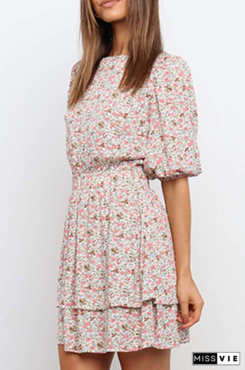 Casual Sweet Floral Split Joint Flounce O Neck Waist Skirt Dresses