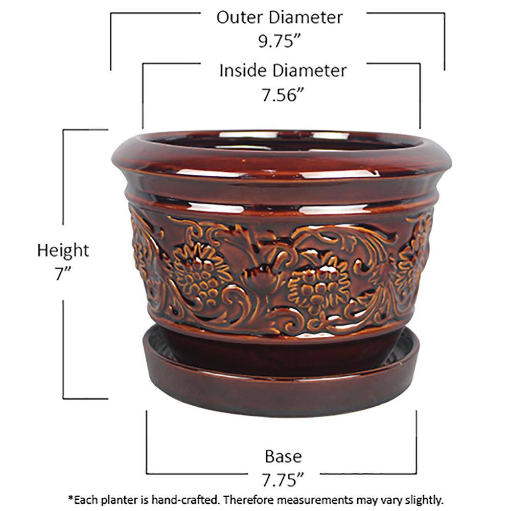 Trendspot 10 in. Dia Brown Rustic Damask Ceramic Planter LJ0108-10