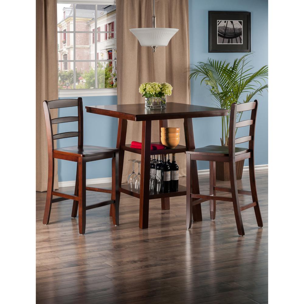 Winsome Wood Orlando 3-Pc Set， High Table with 2 Shelves and 2 Ladder Back Stools， Walnut Finish