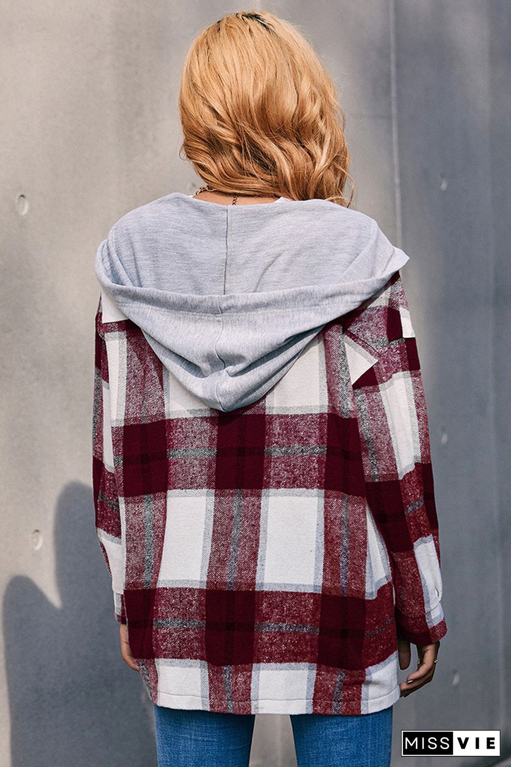 Plaid Button Front Hoodies Shacket Jacket Women Wholesale