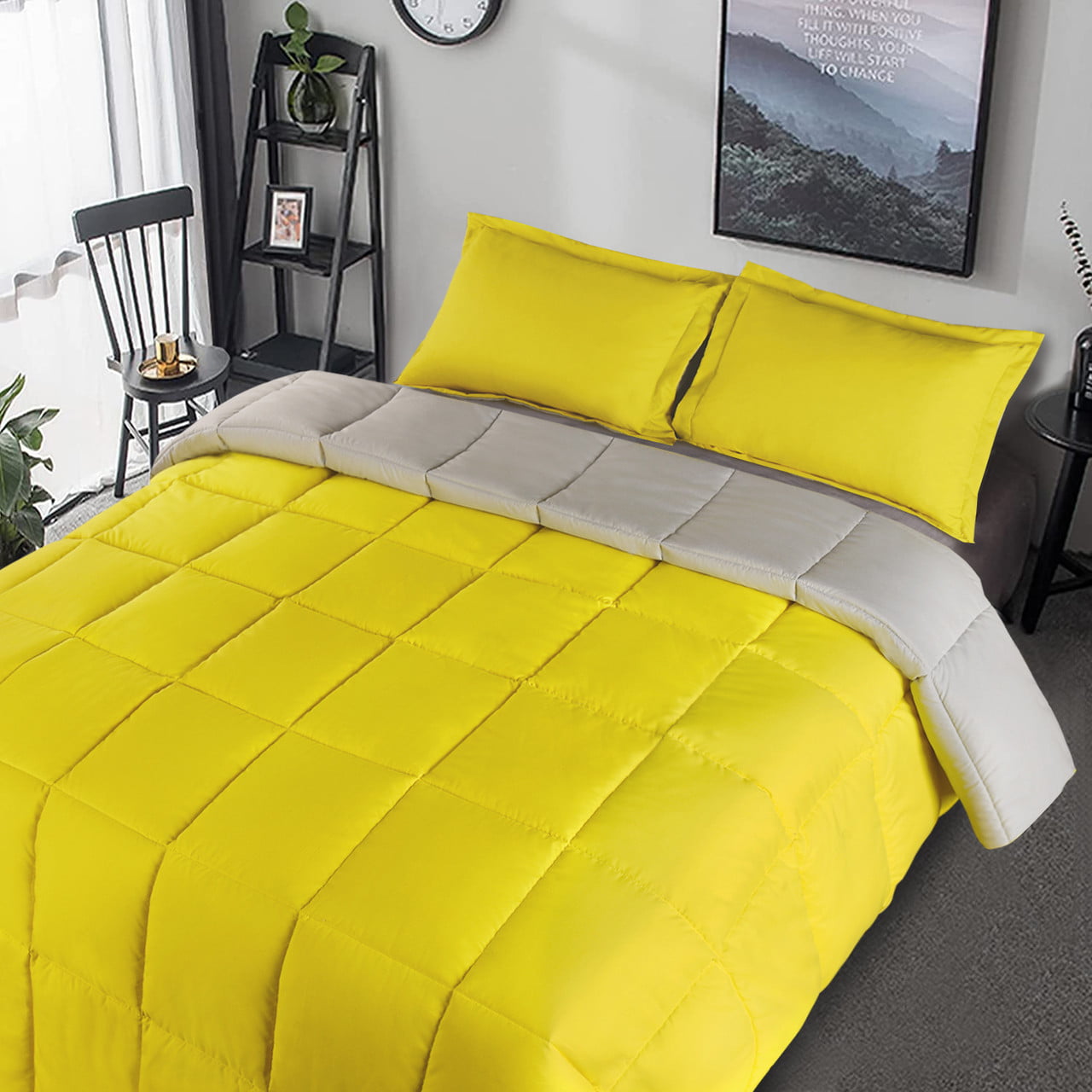 HIG 3 PCS Classic Reversible Comforter Set, Lightweight Down Alternative Bedding Set, Yellow/ Light Gray, Queen Size