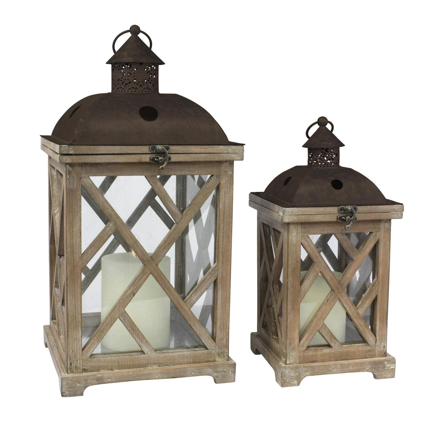 Stonebriar Collection Natural Wood Outdoor Candle Holder Set， (Set of 2)