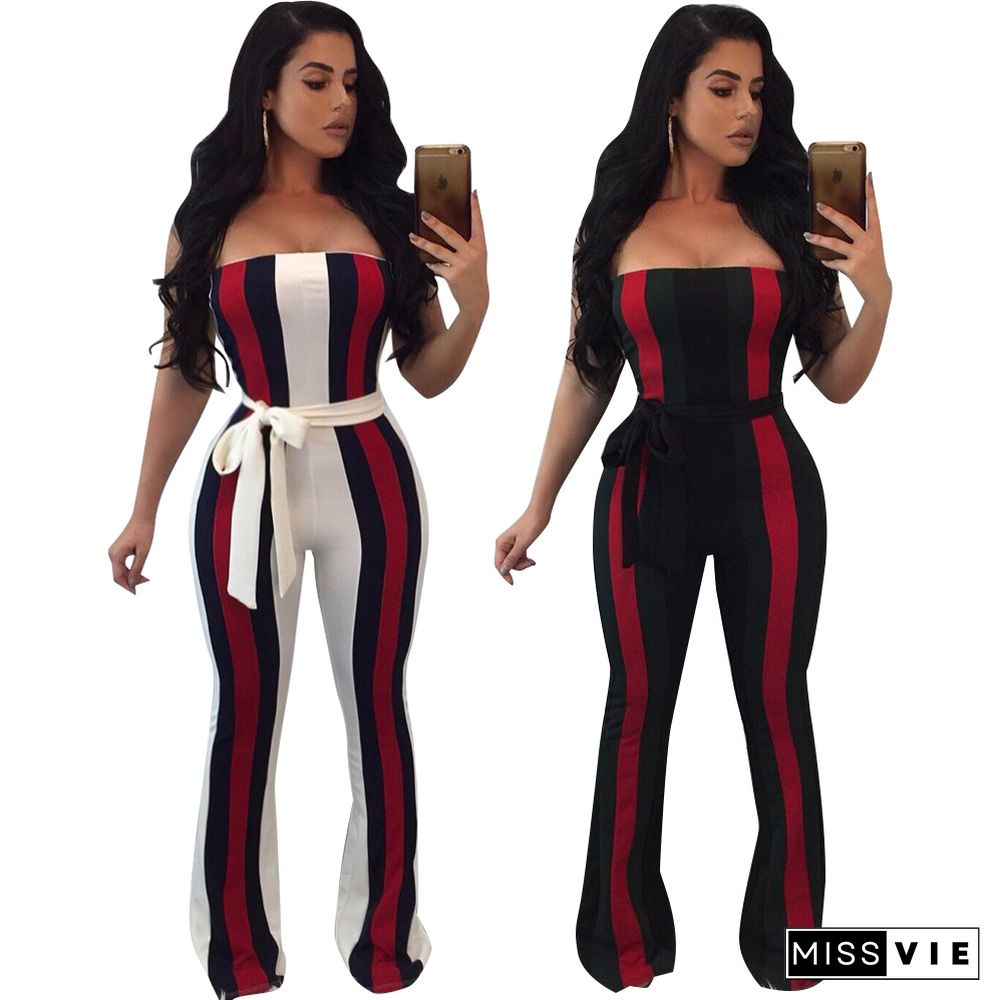 Sexy Stripe Mosaic Chest Wrap Jumpsuit With Belt