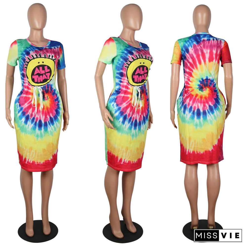 Cartoon Positioning Home Clothes Printed Tie-Dye Dress