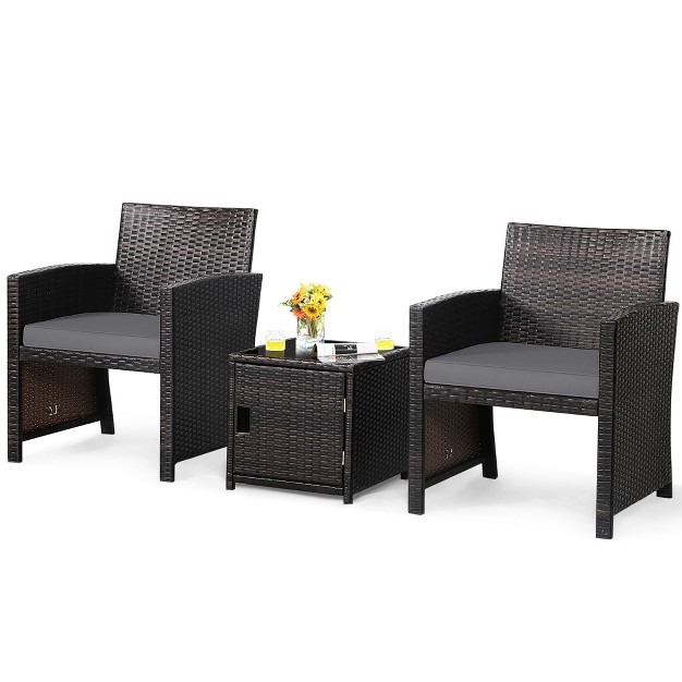 Costway 3pcs Patio Wicker Furniture Set Storage Table W protect Cover Cushioned