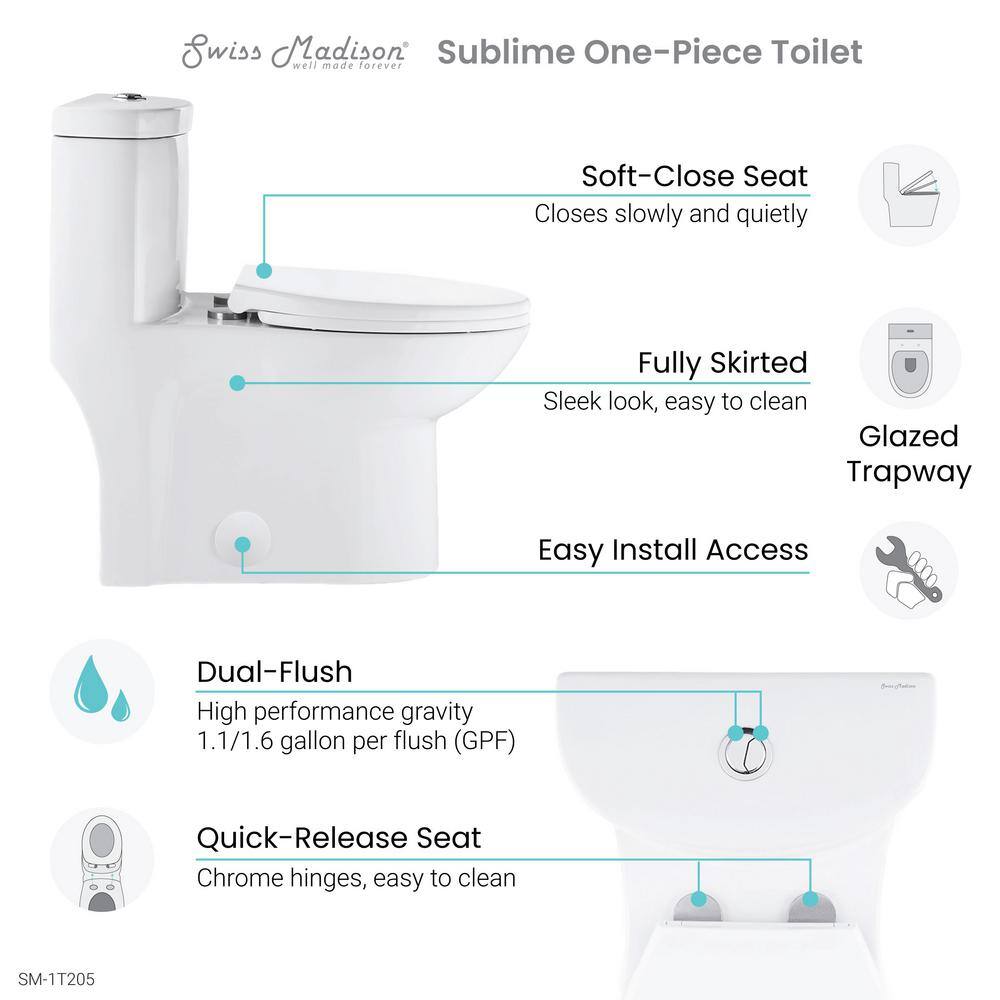 Swiss Madison Sublime 1-Piece 0.81.28 GPF Dual Flush Elongated Toilet in White SM-1T205