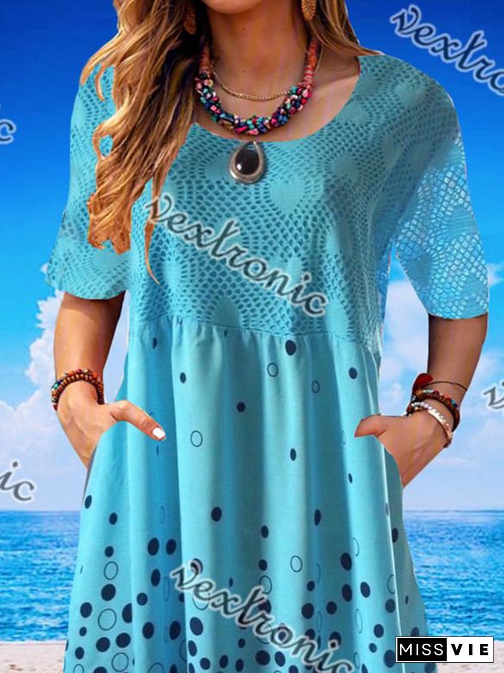 Women Casual Short Sleeve Scoop Neck Polka Dot Lace Midi Dress