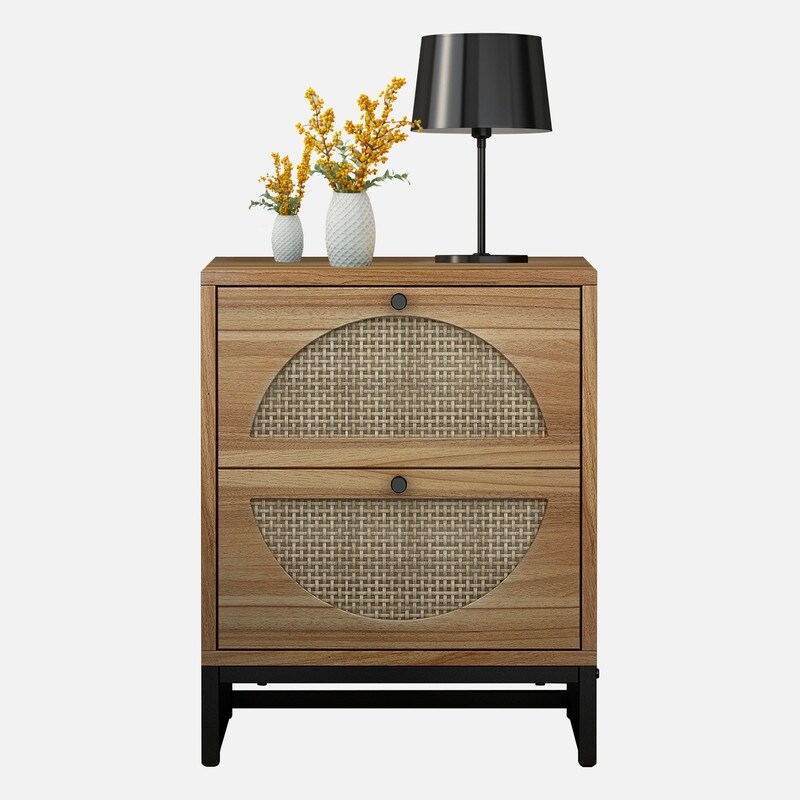 Modern Minimalism Nightstand  Bohemian Wood Bedside Table with Woven Rattan Drawers  Sofa Side Table  Rustic Farmhouse End Table