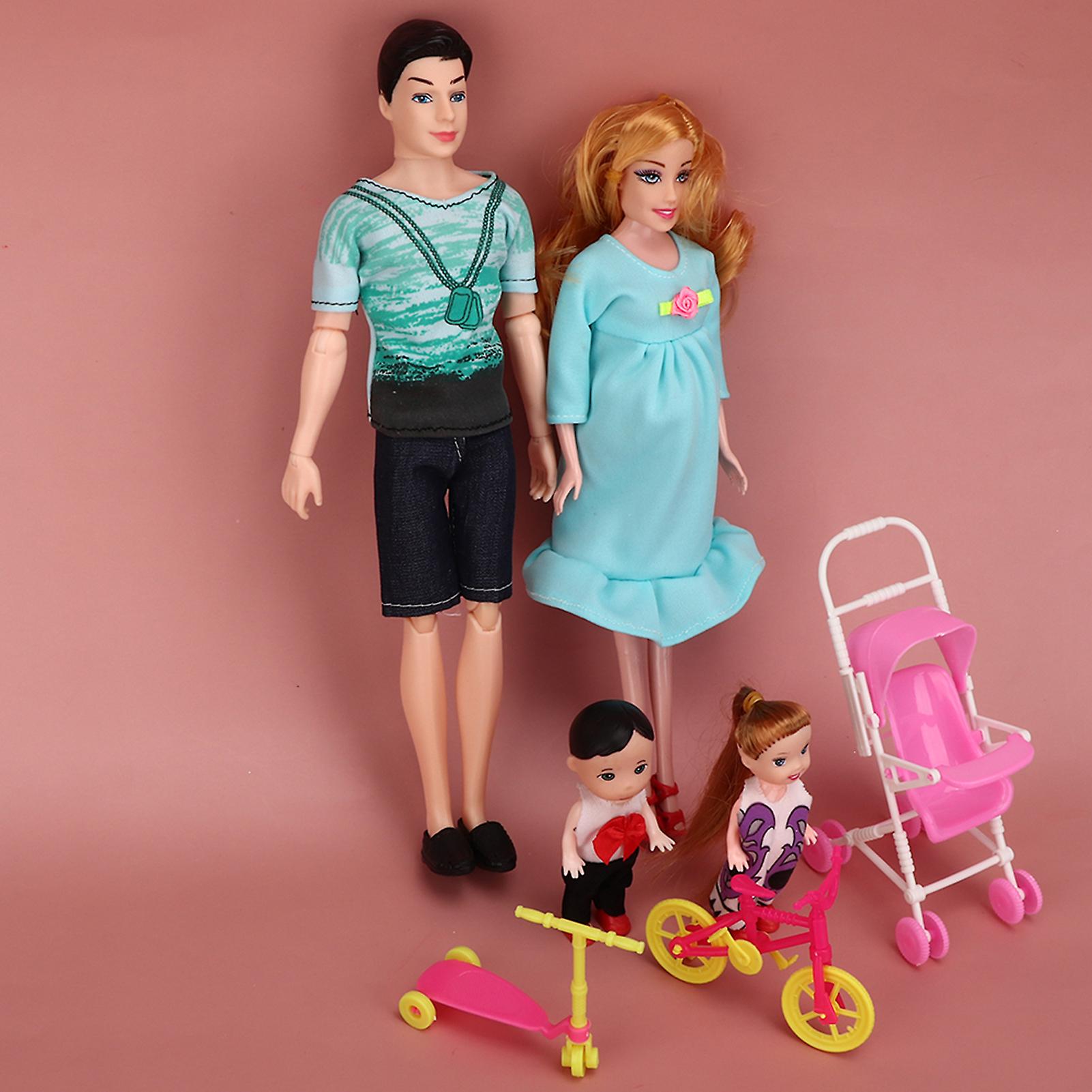 Family Dolls Set Of Dad Pregnant Mom Girl Boy Children Role Play House Toy Gift(greenblue )