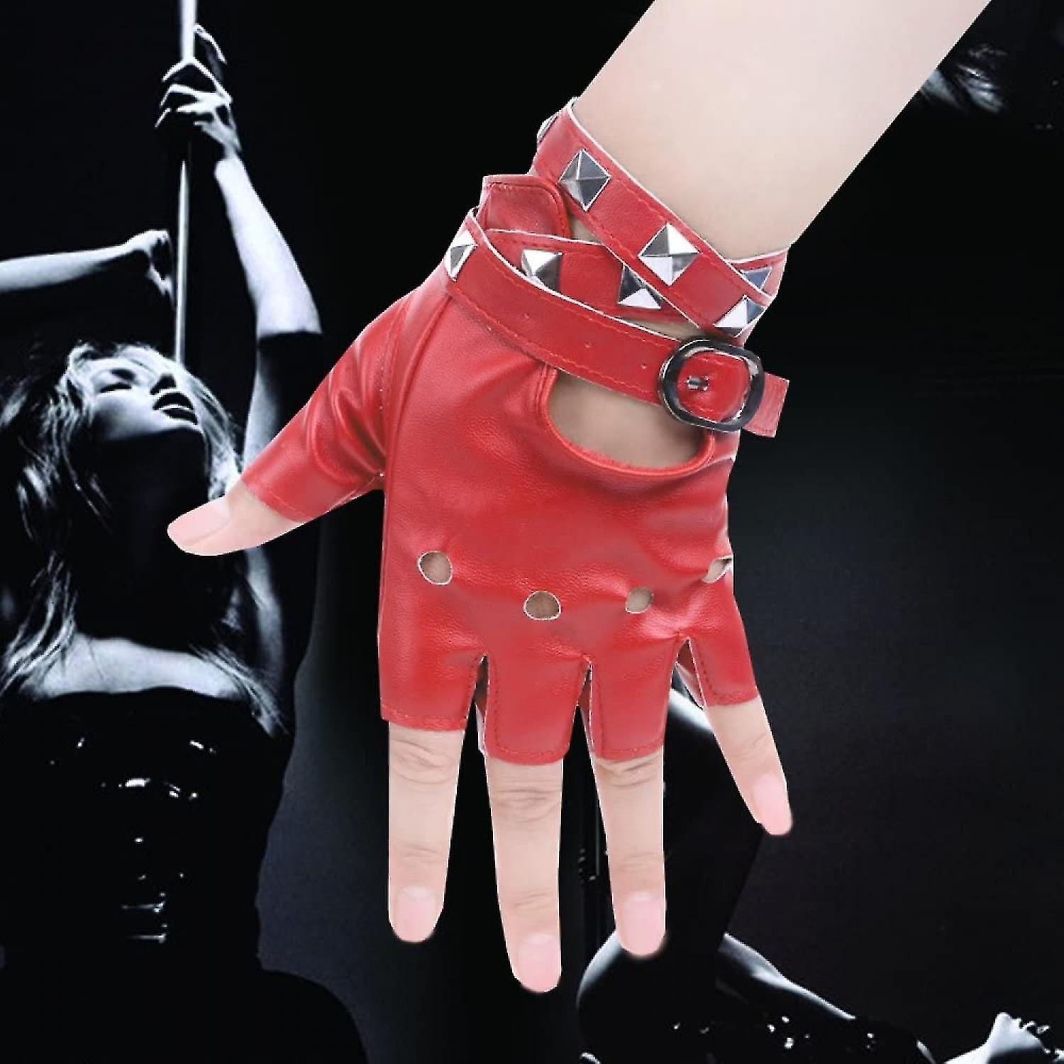 Women Pu Leather Punk Gloves Rivets Belt Up Or Snap Half Finger Performance Mittens， Red