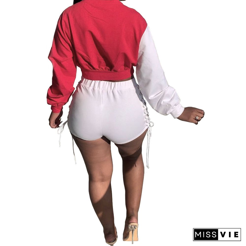 Patchwork Long Sleeve Bandage Crop Top Shorts Set