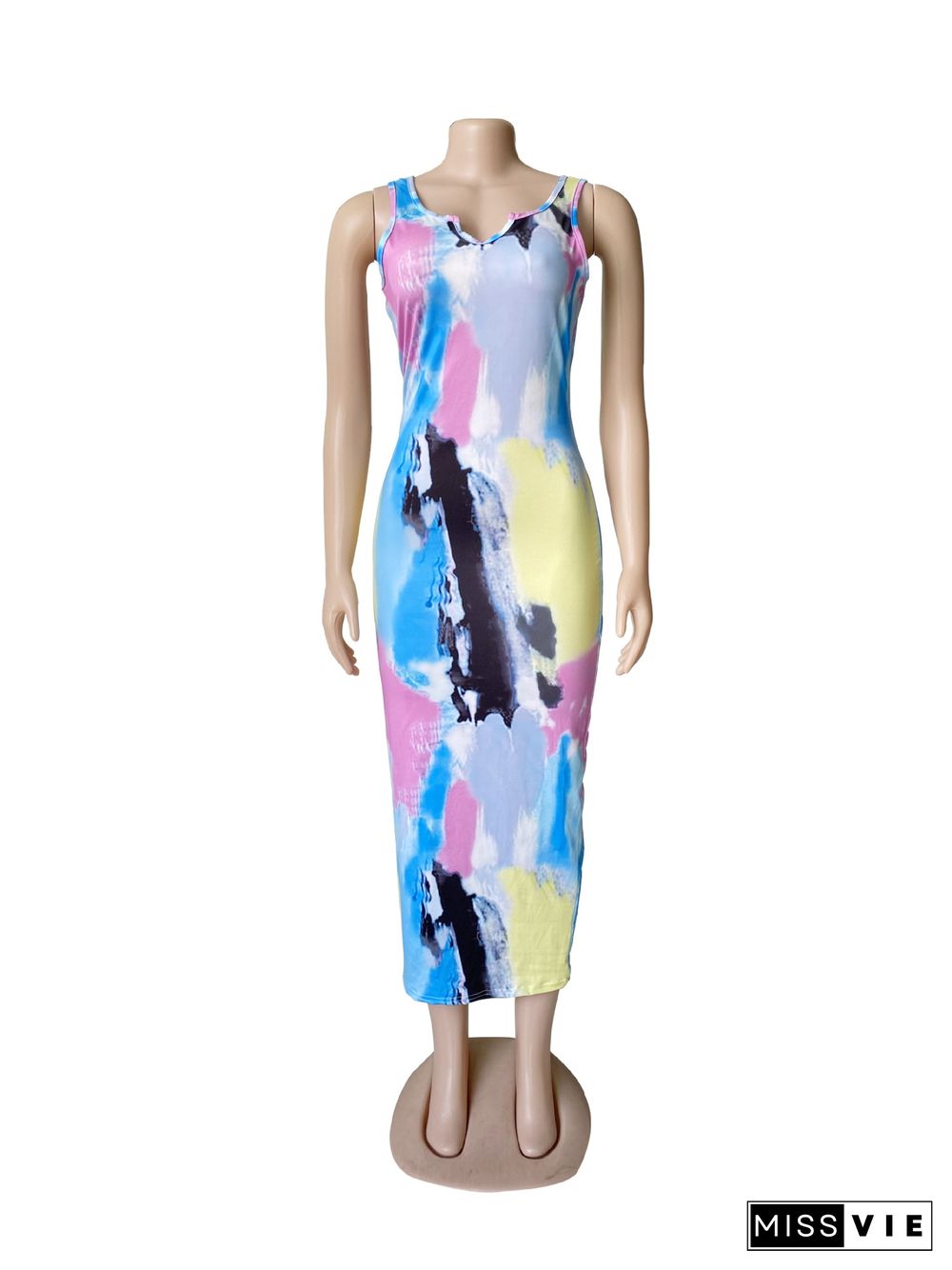 Women Graffiti Print Slim Fit Sleeveless Fashion Summer Evening Party Bodycon Long Maxi Dress