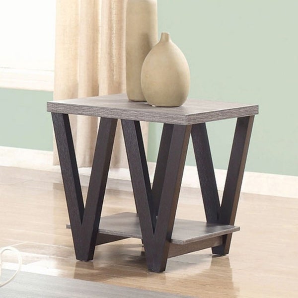 Zig-zag Contemporary Solid Wooden End Table With Bottom Shelf， Grey And Black