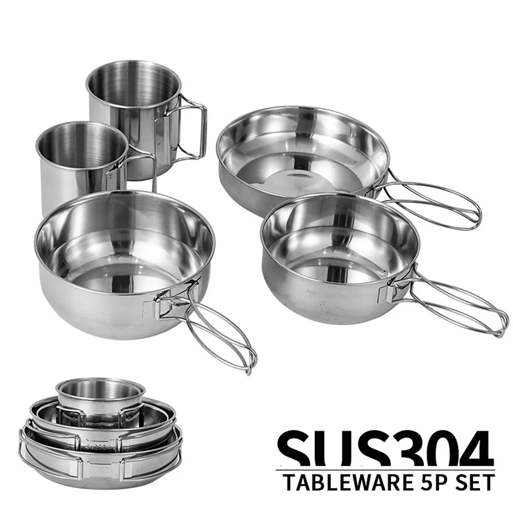 Cross border outdoor mountaineering portable 5 piece pot camping picnic barbecue travel fishing stainless steel cups and bowls